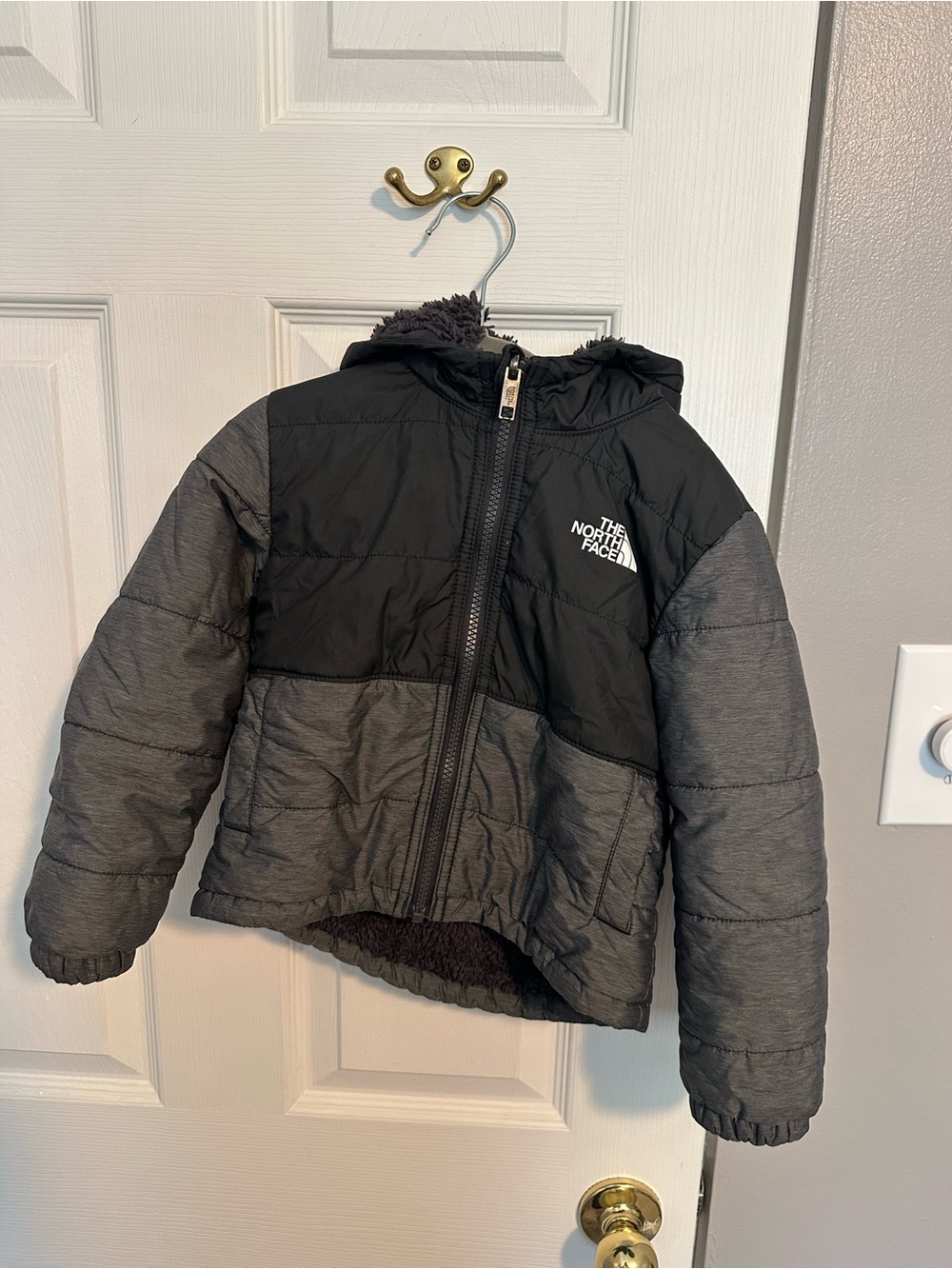 The North Face Kids Black and Gray Hooded Puffer Jacket